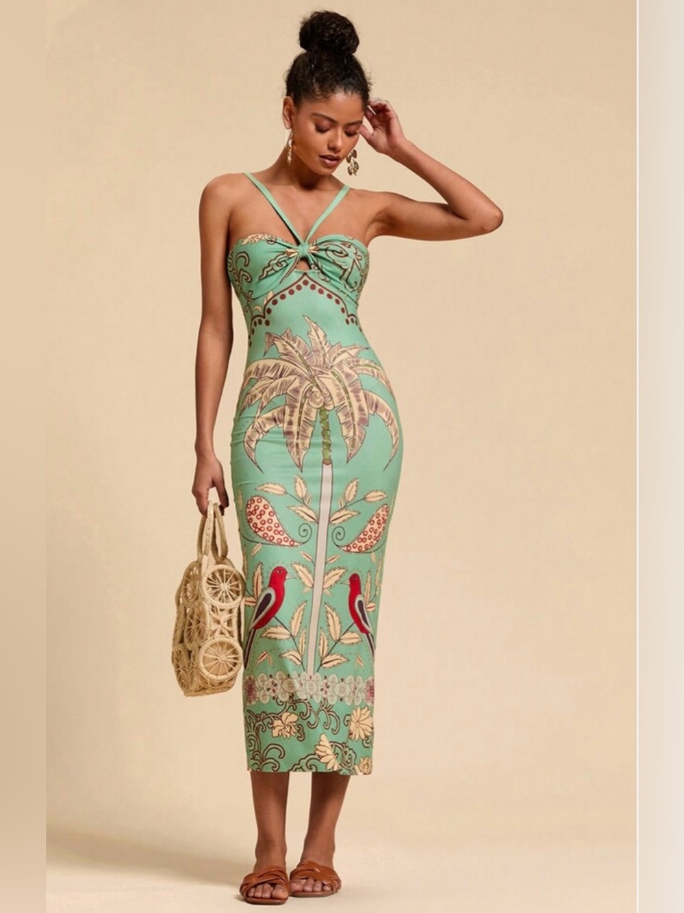 Tropical Print Green Midi Dress